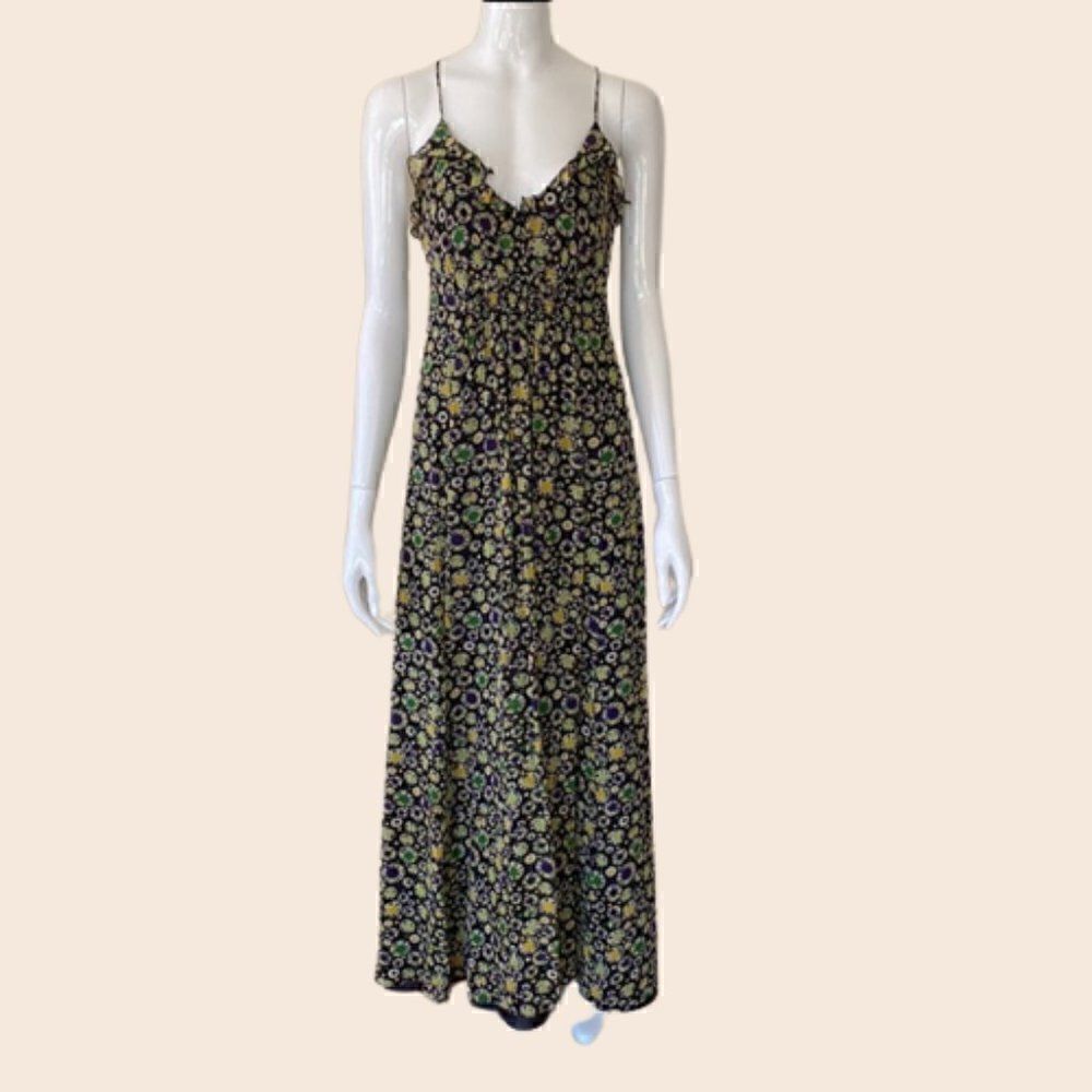 Armani Exchange Black and Yellow Dot Print Ruffle Maxi Dress Size 10